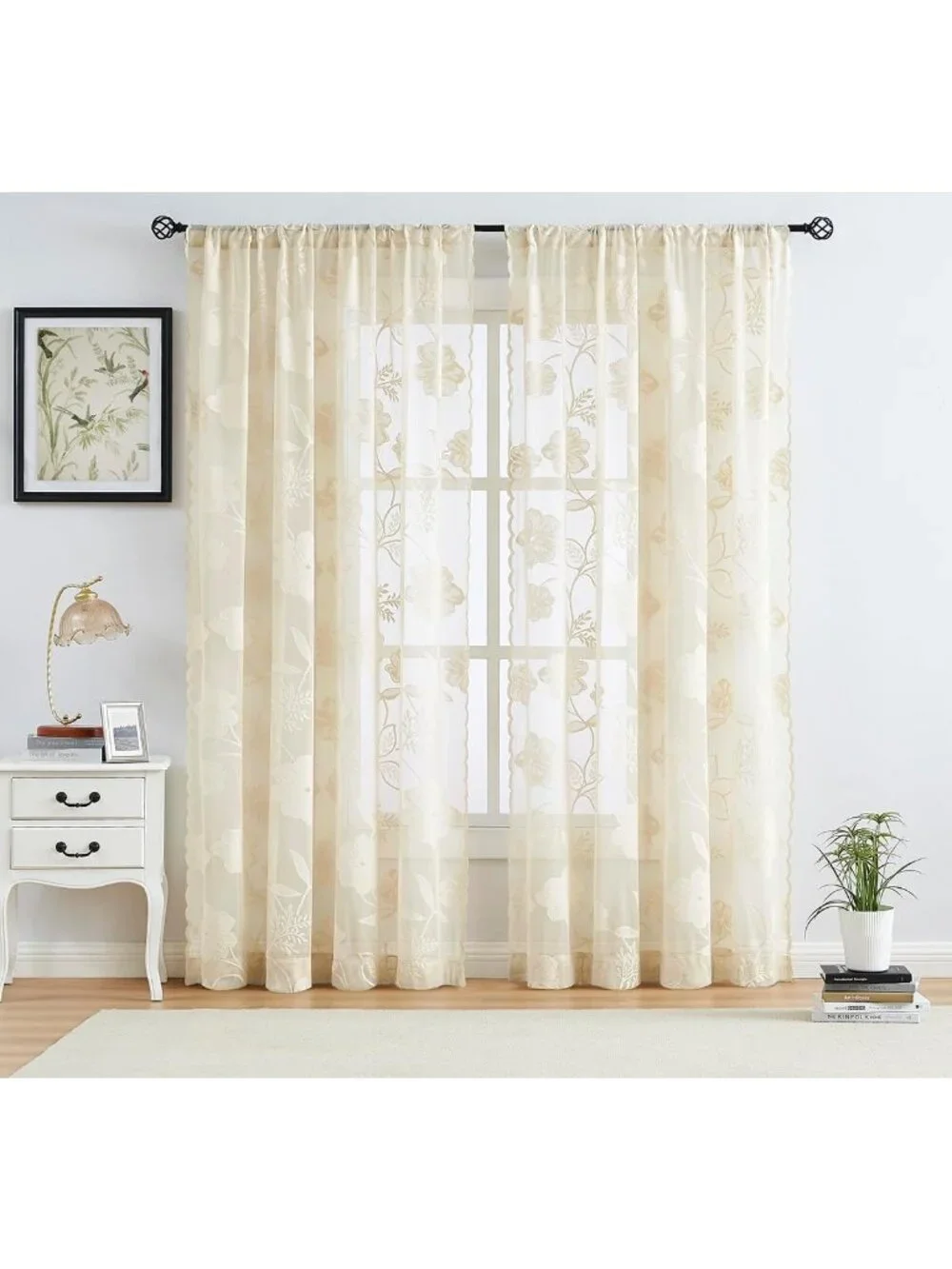 Elegant Sheer Lace Curtains, Beige Scalloped Design, 84